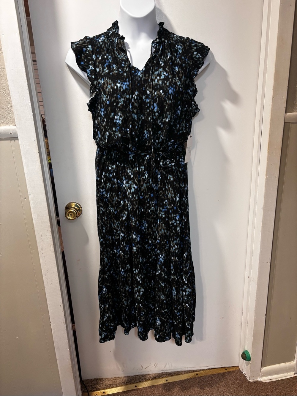 Time and Tru Black Midi Dress with Blue Floral Print